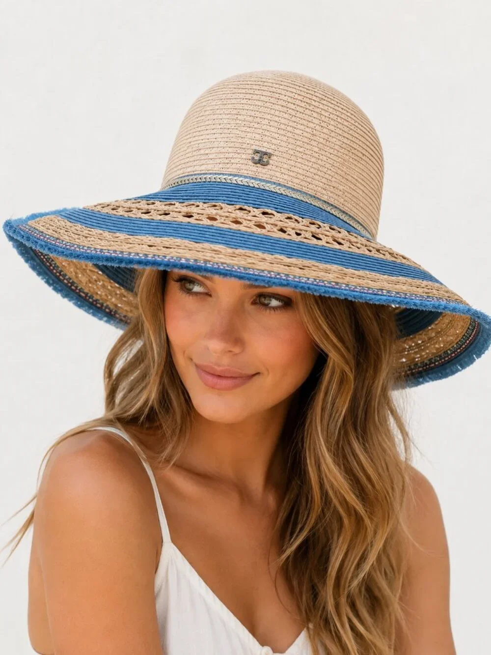 John Callanan Permanent Vacation Wide Brim Raffia Sun Hat Blue Natural NWOT